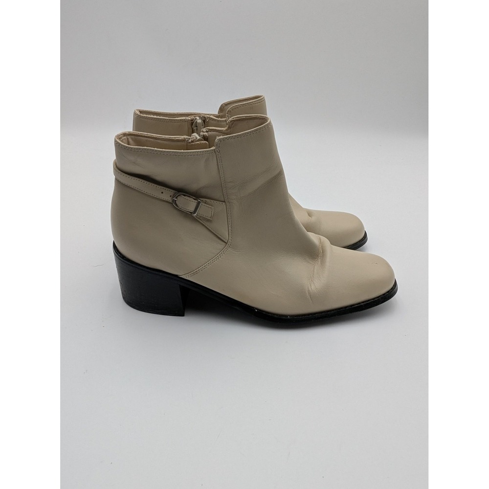 Karen Scott Ringer Boots Womens Size 7.5 Beige Leather Ankle Booties Block Heel